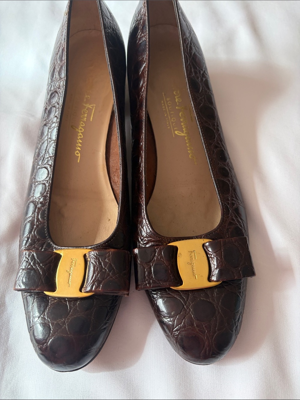 Salvatore Ferragamo Dark Brown Croc-Embossed Vara Bow Flats with Gold Hardware